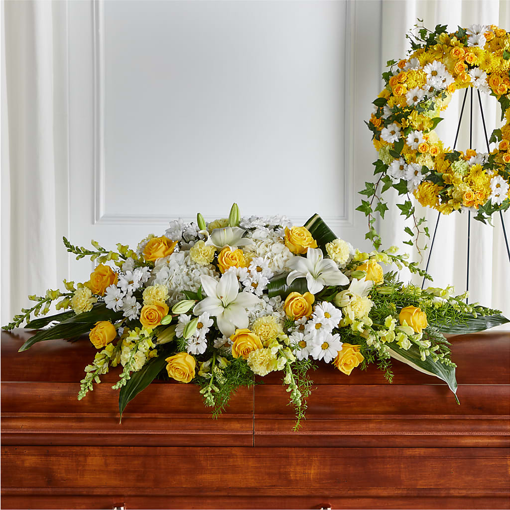 Golden Harmony Casket Spray – PAULA KELLEY'S FLORIST, Paris TN