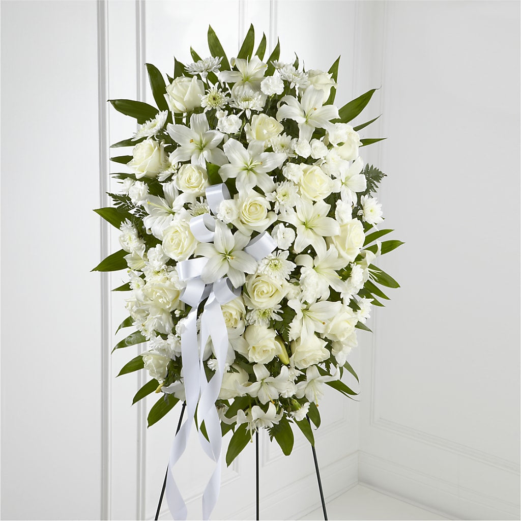 Exquisite Tribute Standing Spray-White Ribbon – PAULA KELLEY'S FLORIST, Paris TN